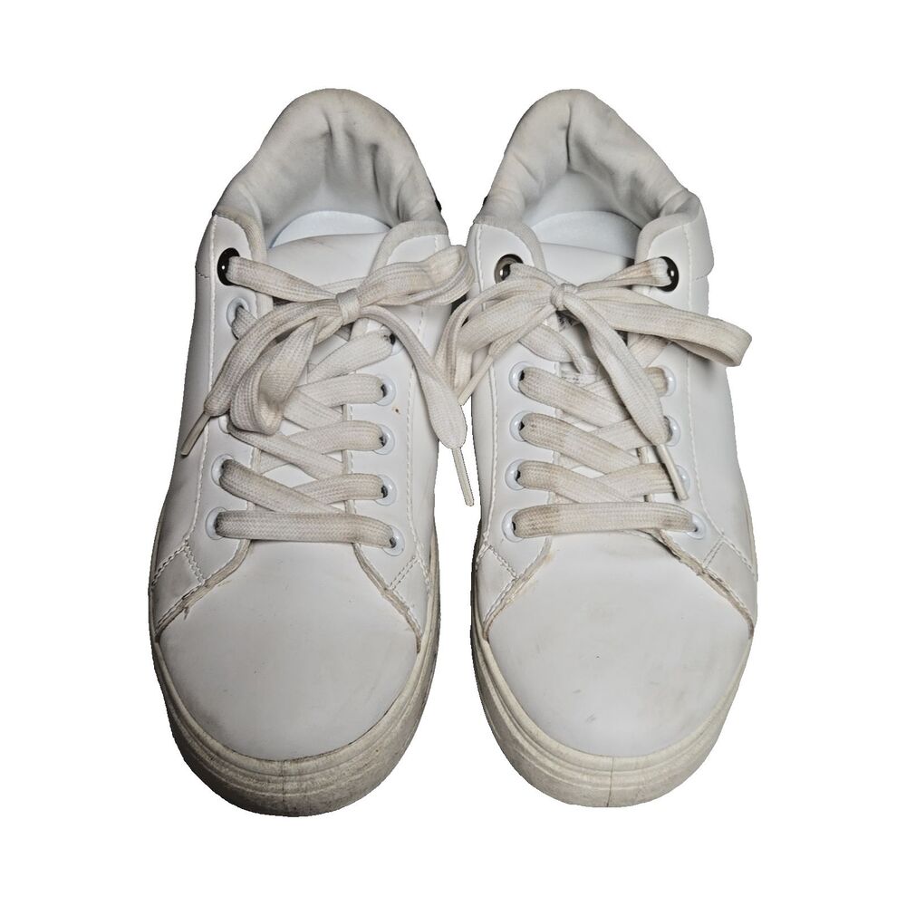 Madden Girl Women's White Black Low Top Lace-Up Man Made Athletic Sneaker 7.5